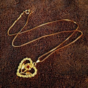Vintage Gold Plated Necklace With Rose & Ruby